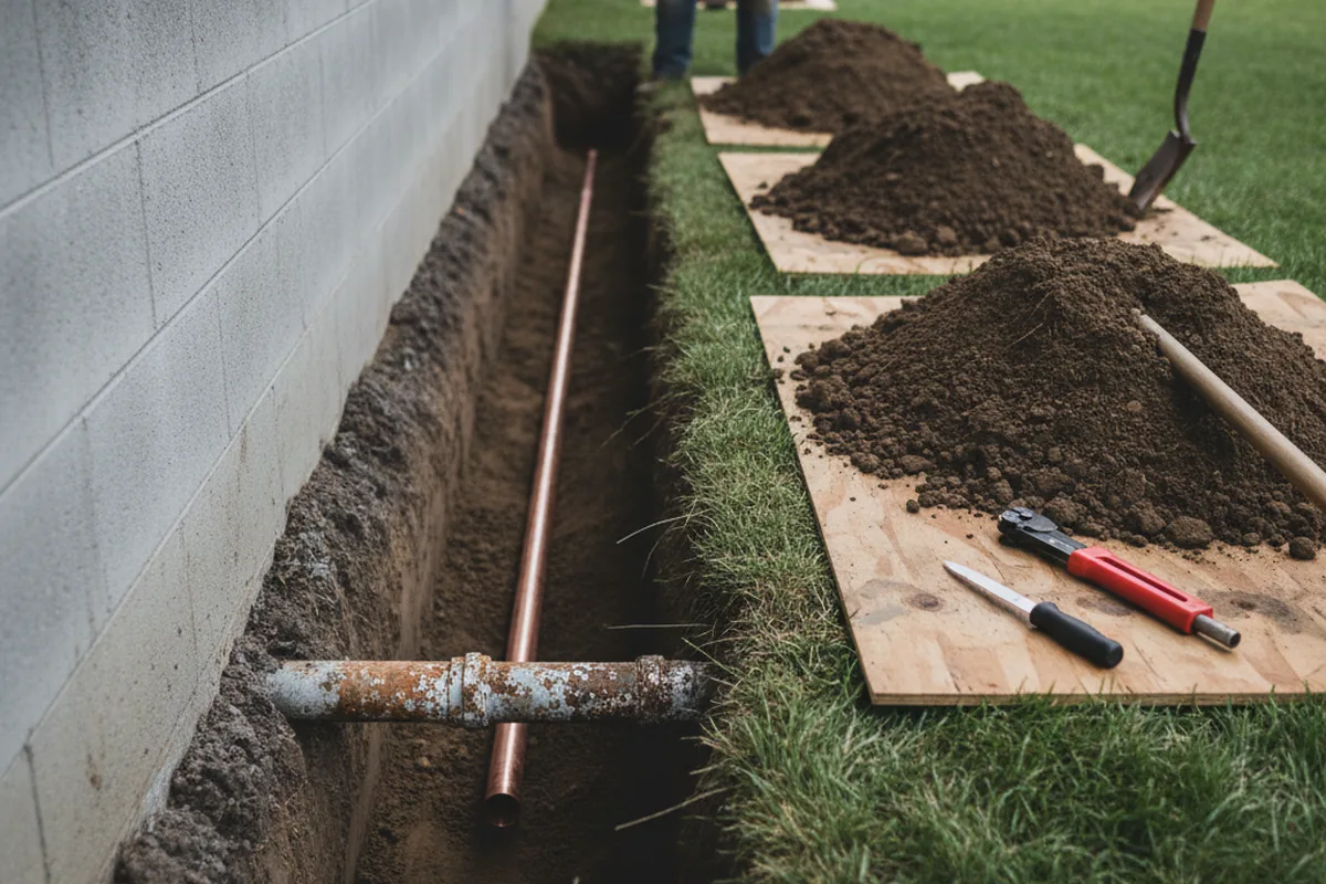 Excavated water line trench during Water Softener Installation in Bennett